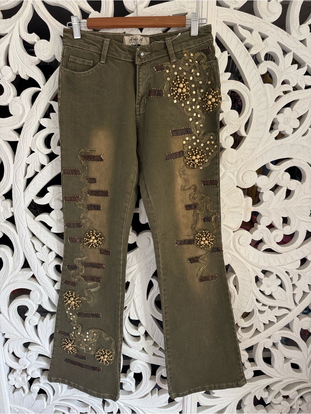 Aris A Olive Bootcut Jeans Pearl Beaded Snake Embroidery